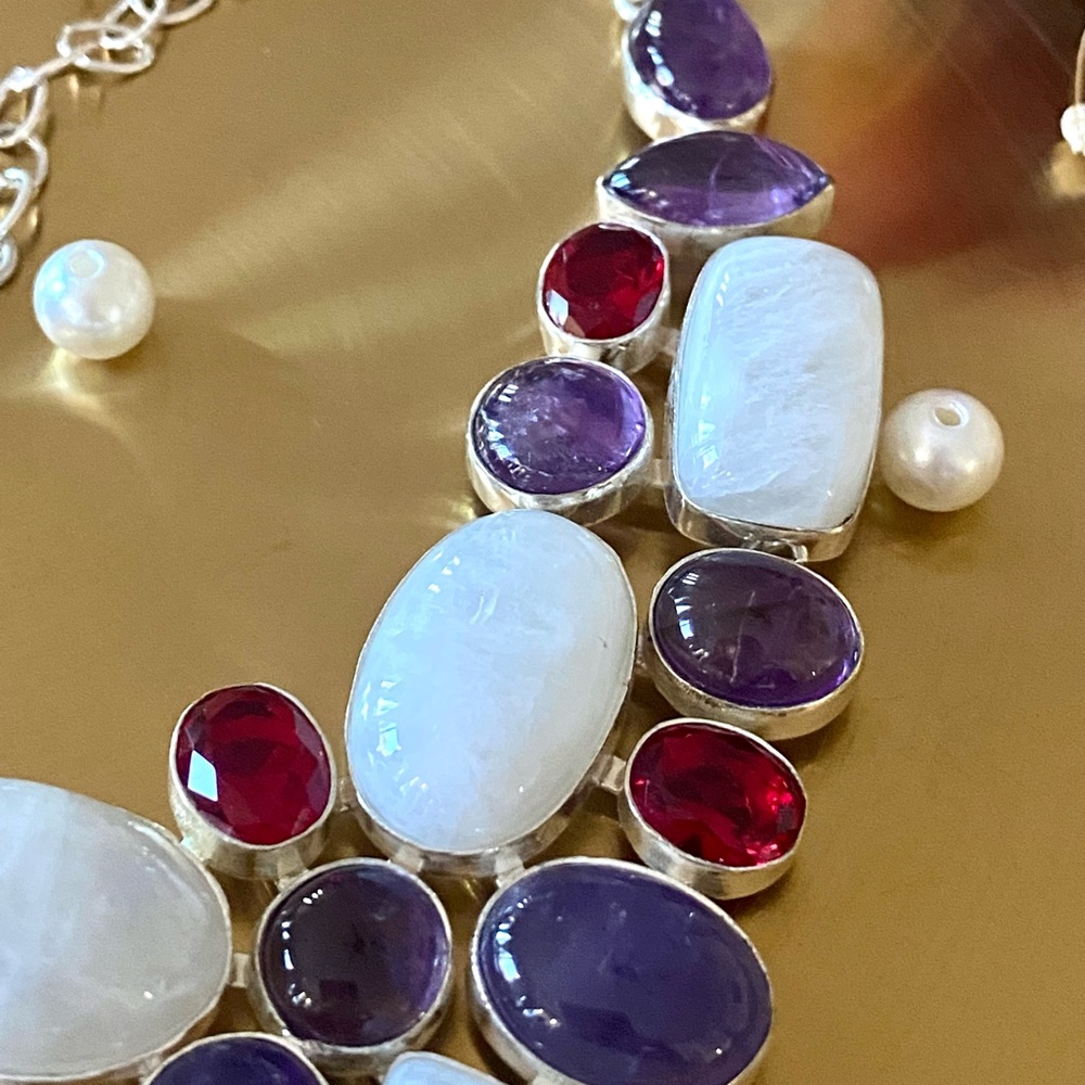 Rainbow Moonstone, Amethyst And Garnet Cluster Necklace - Picture 10 of 13